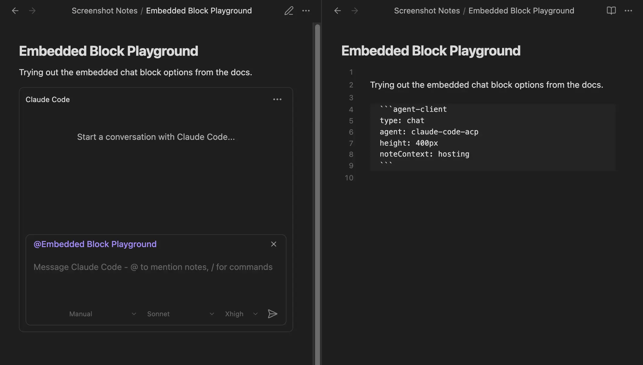 The rendered chat in Reading view side by side with its YAML fence in Source mode
